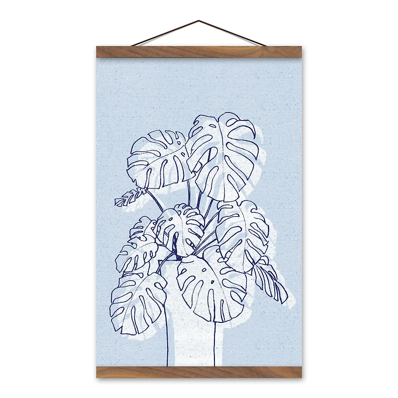 Blue Monstera Drawing Teak Hanging Canvas Wall Art