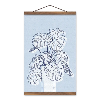 Blue Monstera Drawing Teak Hanging Canvas Wall Art