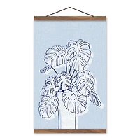 Blue Monstera Drawing Teak Hanging Canvas Wall Art