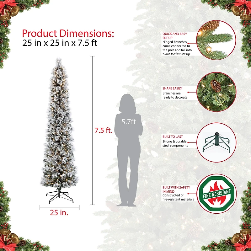 7.5ft. Pre-Lit Flocked Portland Pine Slim Artificial Christmas Tree, Clear Lights