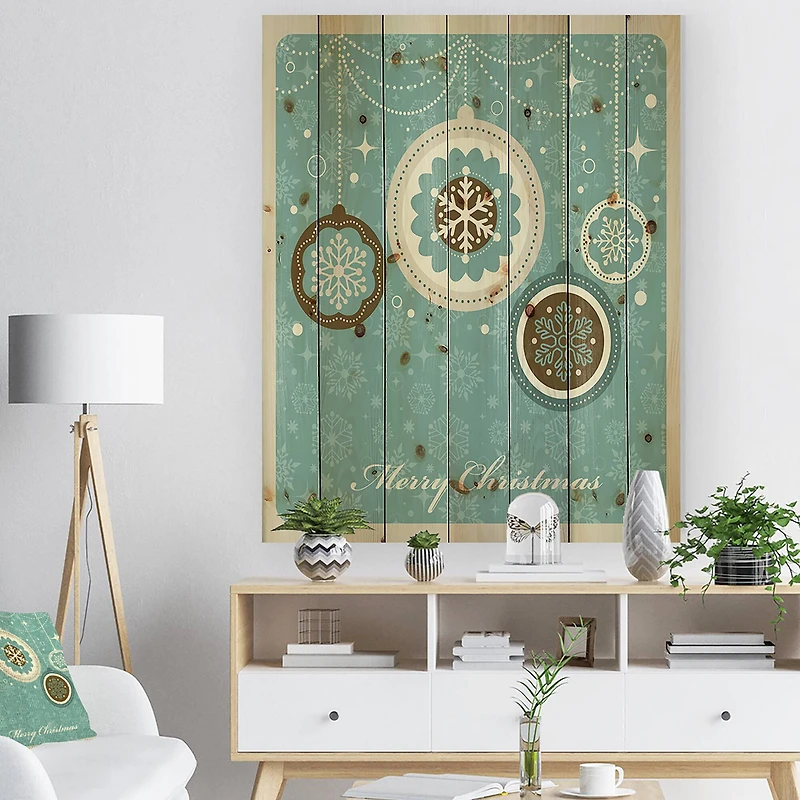 Designart Merry Christmas Tree Ball Print on Natural Pine Wood