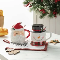 Glitzhome® Christmas Ceramic Santa & Snowman Mug with Lid & Spoon Set