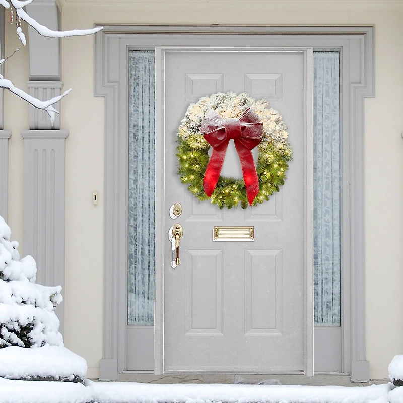 30" Pre-Lit Half Flocked Ribboned Wreath