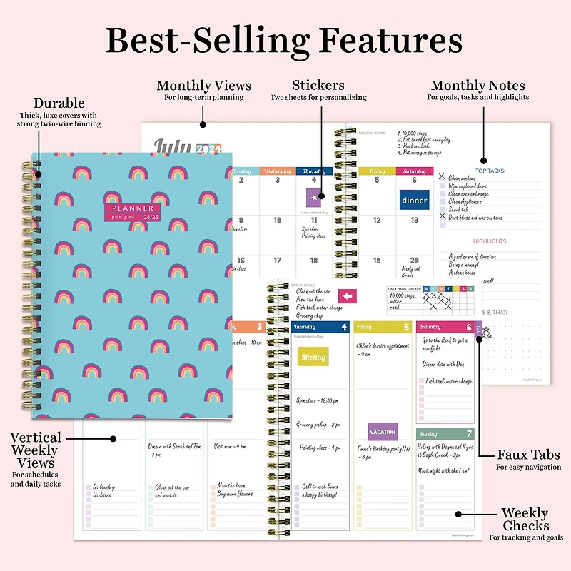 TF Publishing 2024 - 2025 Blue Sky Rainbows Medium Spiral Planner