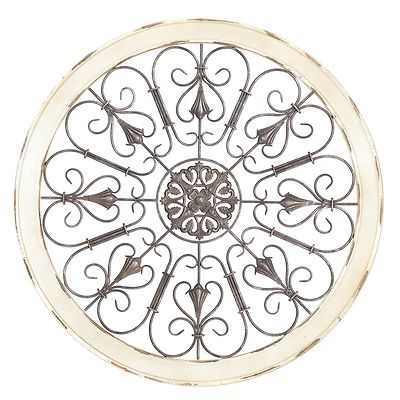 Cream & Brown Metal & Wood Round Wall Décor