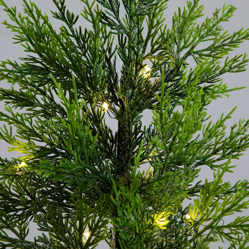 32in. Pre-Lit Artificial Lightly Snowed Cypress Christmas Tree with 30 Warm White LED Lights in Decorative Weaved Basket