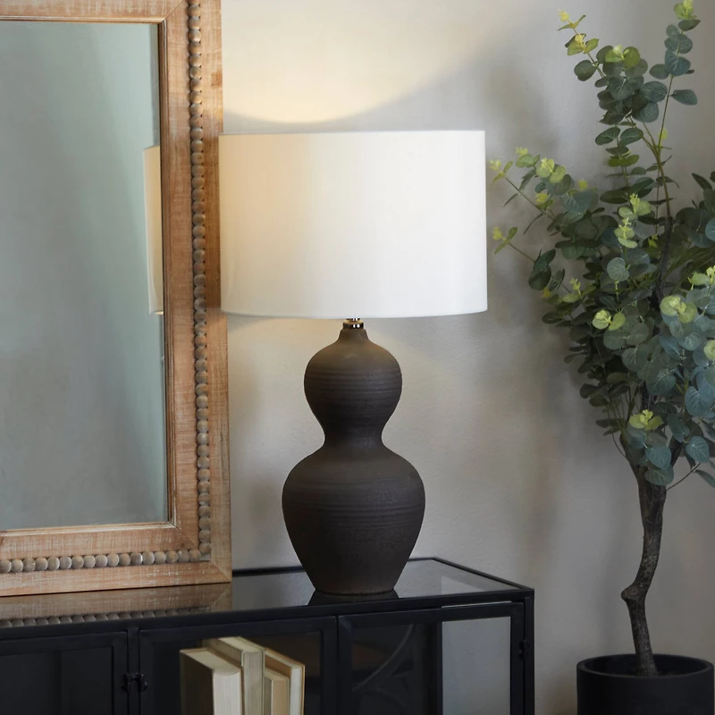 CosmoLiving by Cosmopolitan Black Ceramic Gourd Style Base Table Lamp with Drum Shade 15" x 15" x 26"