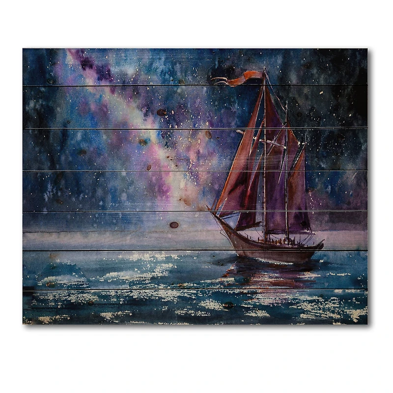 Designart - Wooden Sailboat With Red Sails & Bright Night Sky