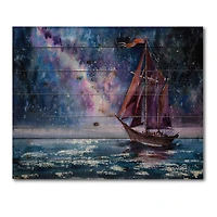 Designart - Wooden Sailboat With Red Sails & Bright Night Sky