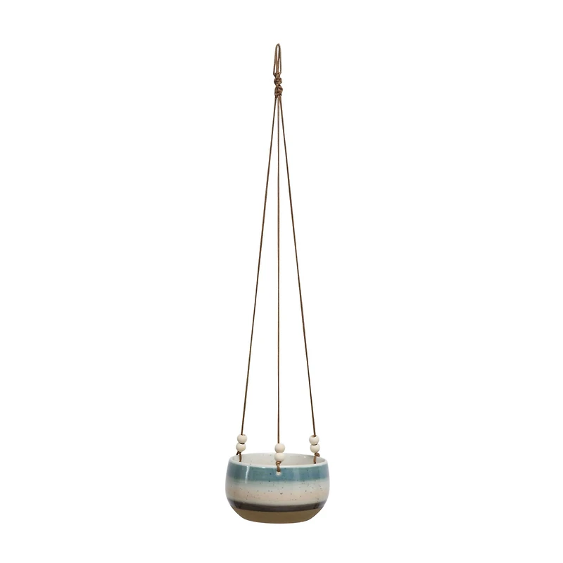 Hello Honey® Blue, White & Brown Striped Stoneware Hanging Planter