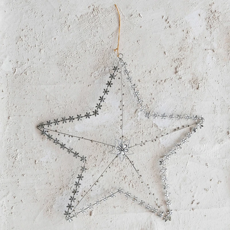 Hello Honey® 15.5" Silver Glass Beaded Metal Star Ornament with Jeweled Flowers