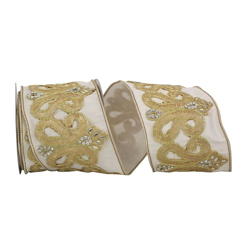 JAM Paper 4" x 5yd. Ivory & Gold Jewel Scroll Trim Wired Dupioni Ribbon