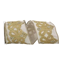 JAM Paper 4" x 5yd. Ivory & Gold Jewel Scroll Trim Wired Dupioni Ribbon