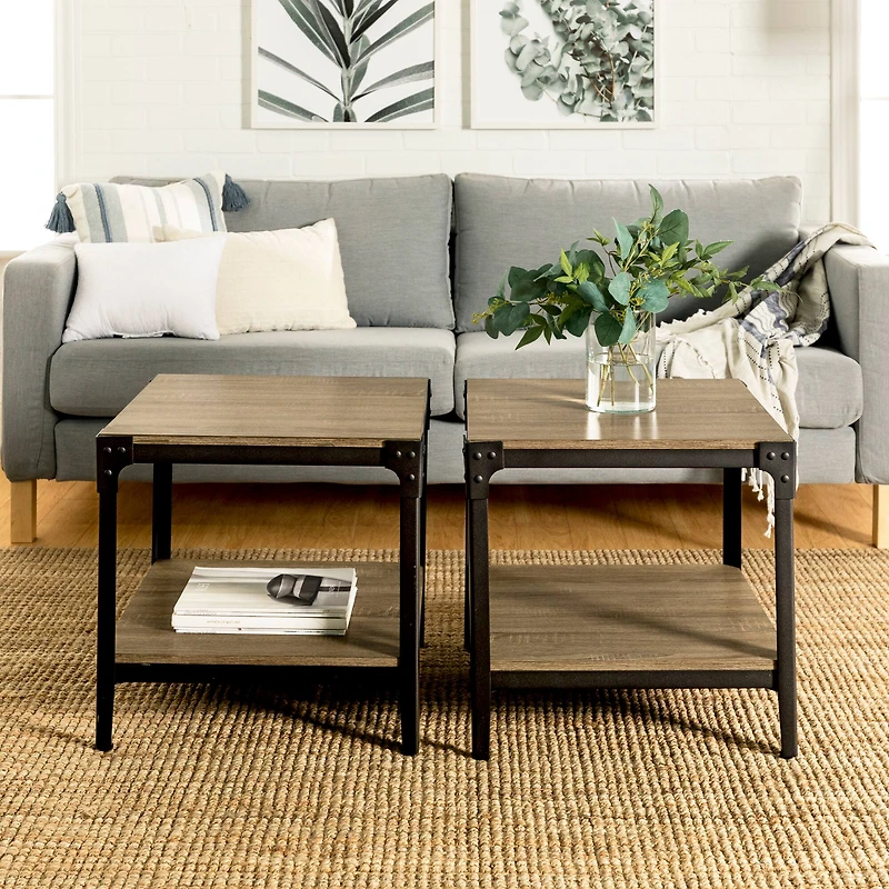 Walker Edison Driftwood Angle Iron Rustic Wood Side Table Set