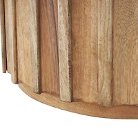 18.25" Brown Mango Wood Handmade Concaved Curve Drum Accent Table with Ridges
