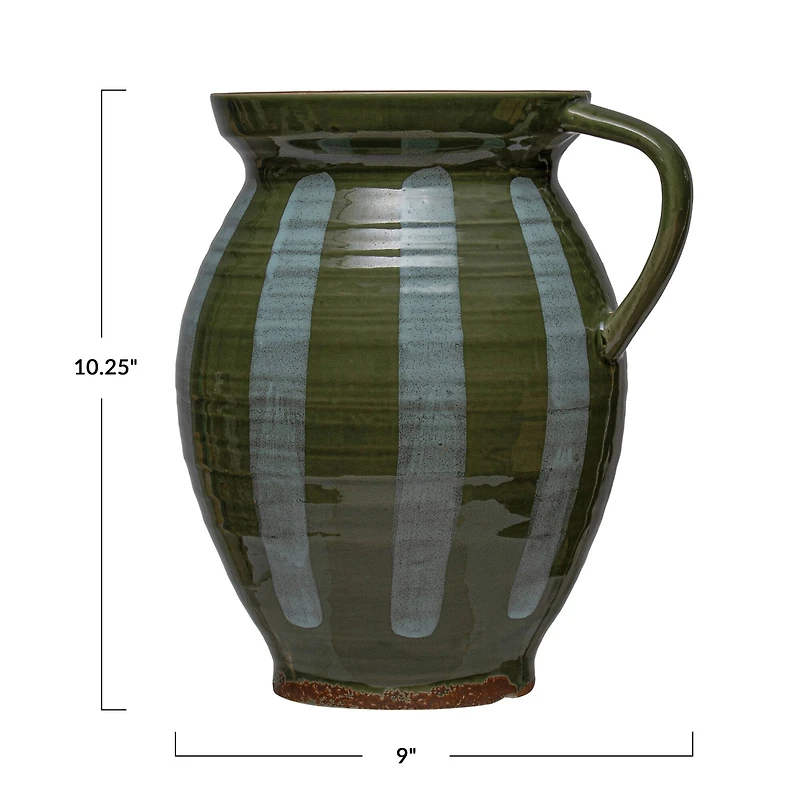 Hello Honey® 10" Green & White Hand Painted Striped Stoneware Pitcher