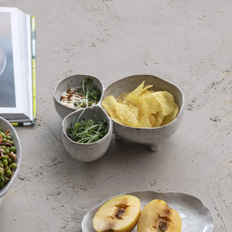 Hello Honey® 8" Cream 3-Section Stoneware Footed Serving Dish