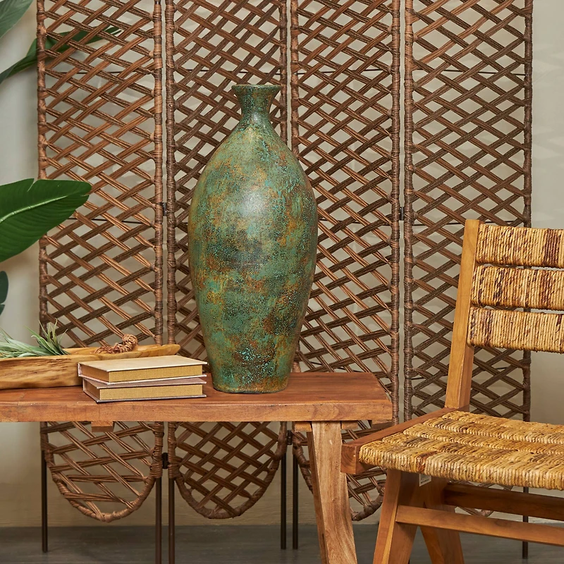 23.5" Rustic Green & Brown Antique-Style Ceramic Vase