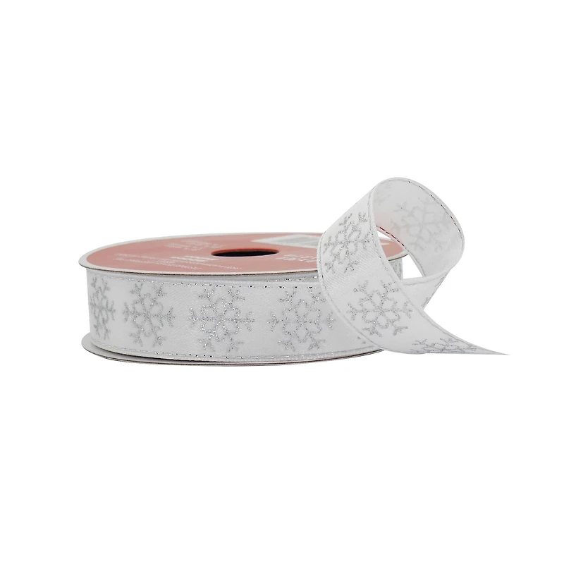7/8" x 30ft. Silver Glitter Snowflake White Satin Ribbon by Celebrate It®
