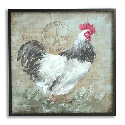 Stupell Industries Traditional Farm Rooster Vintage Parisian Stamp Rustic Animal Framed Wall Art