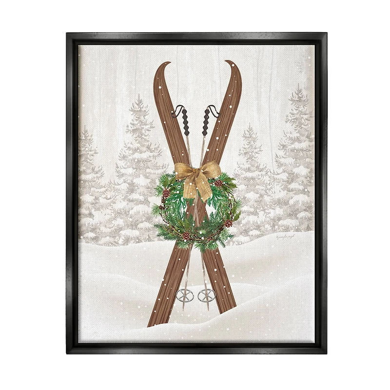 Stupell Industries Winter Skis Holiday Wreath Framed Floater Canvas Wall Art