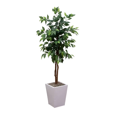 5ft. Artificial Ficus Tree in White Metal Square Planter