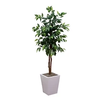 5ft. Artificial Ficus Tree in White Metal Square Planter
