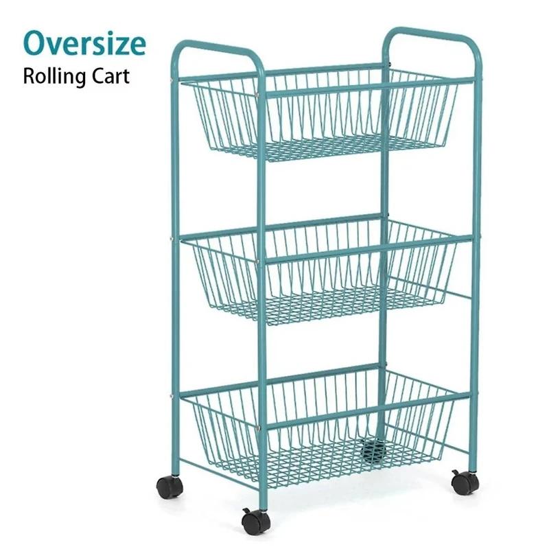 NEX™ Blue Large 3-Tier Rolling Basket Stand with Shelves & Wheels