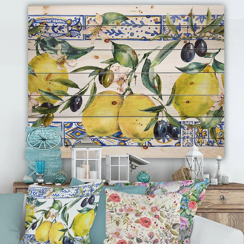 Designart - Lemon Ornament On Blue Geometrical Pattern II