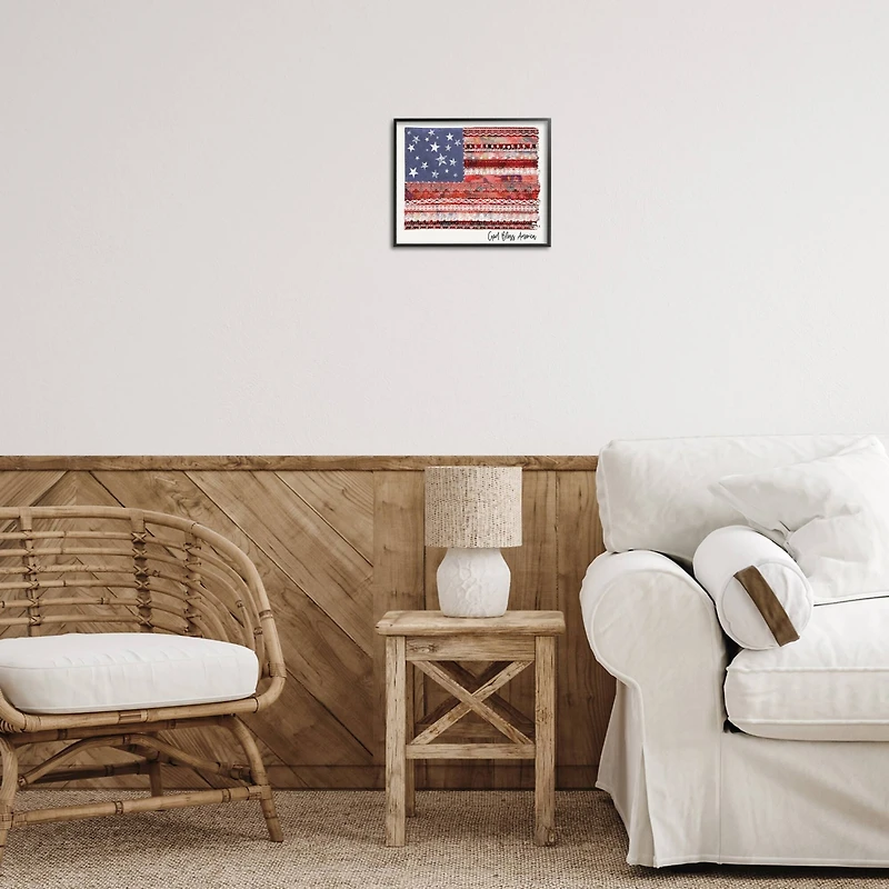 Stupell Industries God Bless America Phrase Macrame Pattern Flag Framed Giclee Art
