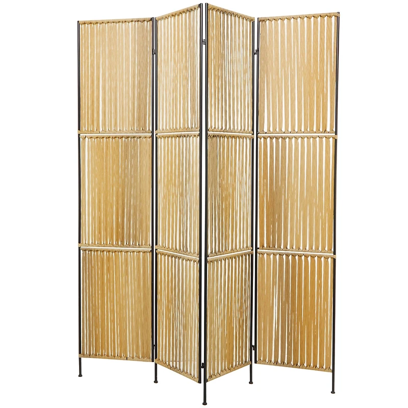 The Novogratz Light Brown Rattan Handmade Hinged Foldable Partition 4 Panel Room Divider Screen with Wrapped Seagrass Design 63" x 1" x 71"