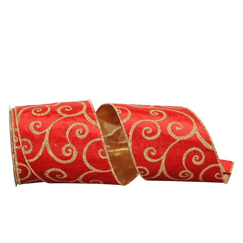 JAM Paper 4" x 10yd. Red & Gold Glitter Scroll Wired Velvet Ribbon