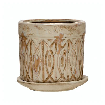 Hello Honey® 6'' Debossed Terra-Cotta Planter with Pattern and Saucer