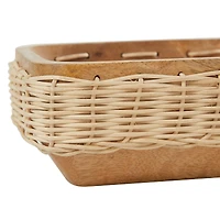 24.5" Brown Handmade Wooden Tray with Woven Seagrass Accent