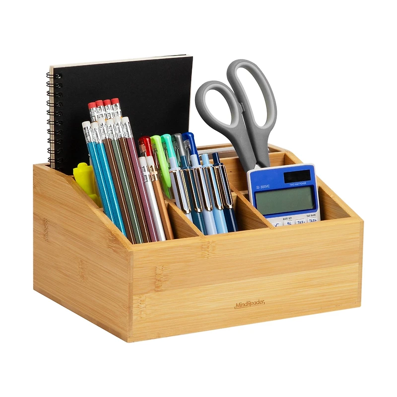 Mind Reader Desktop Organizer, 7-compartment, Office Essentials, Modern, Office, Bamboo, Brown