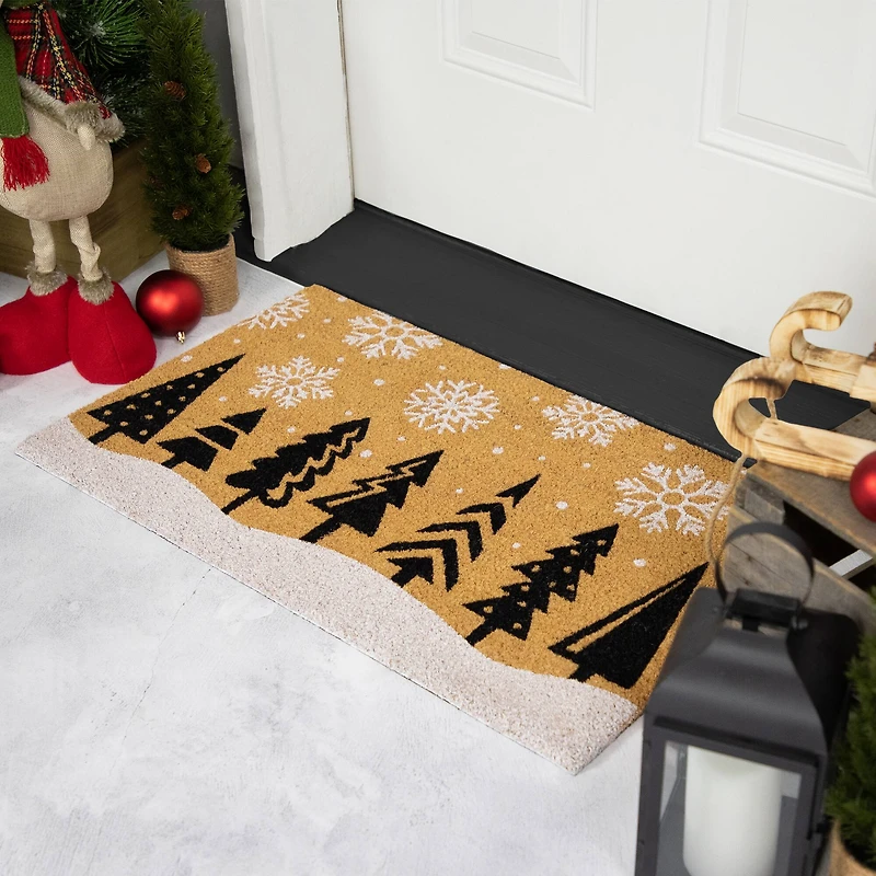 30" Natural Coir Trees & Snowflakes Christmas Doormat