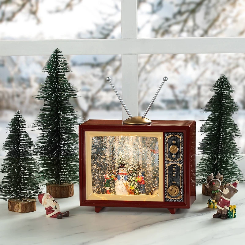 Glitzhome® 7.5" Lighted TV with Snowman Waterglobe
