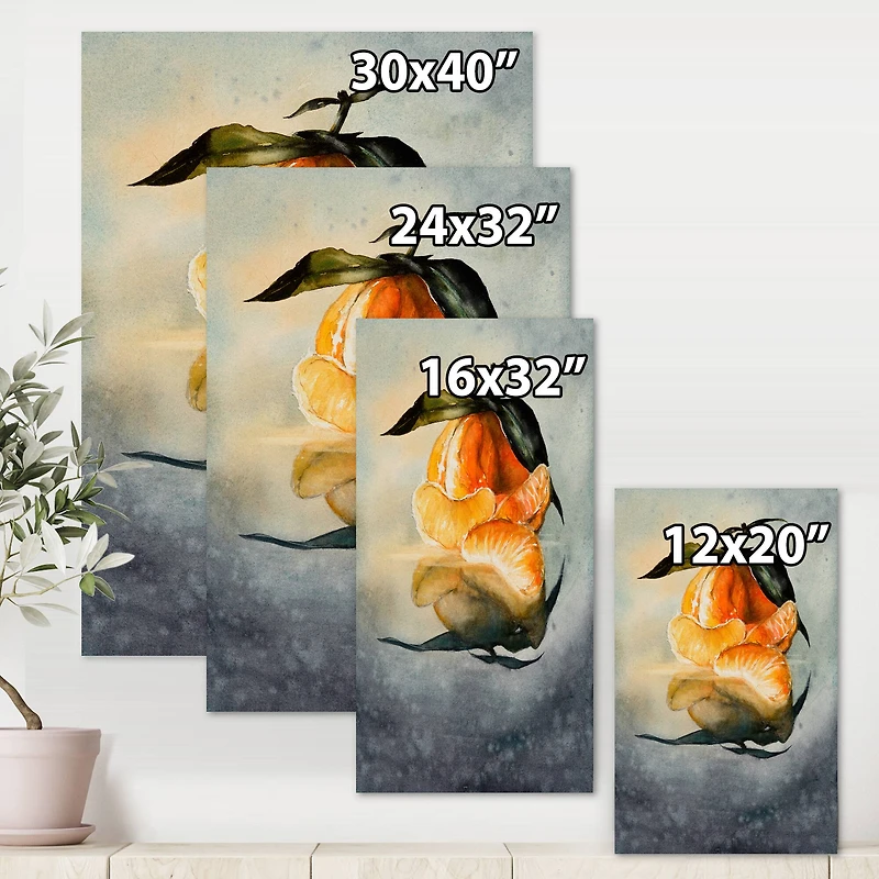 Designart - One Peeled Fresh Orange Mandarin With Green Leaves