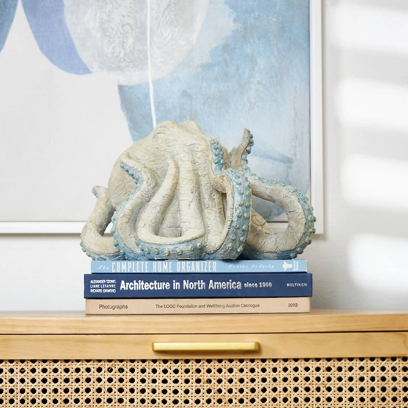 11" Beige Textured Octopus Sculpture with Light Blue Tentacles