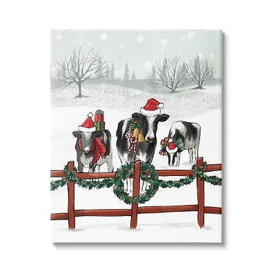 Stupell Industries Holiday Cows Farmland Fence Canvas Wall Art
