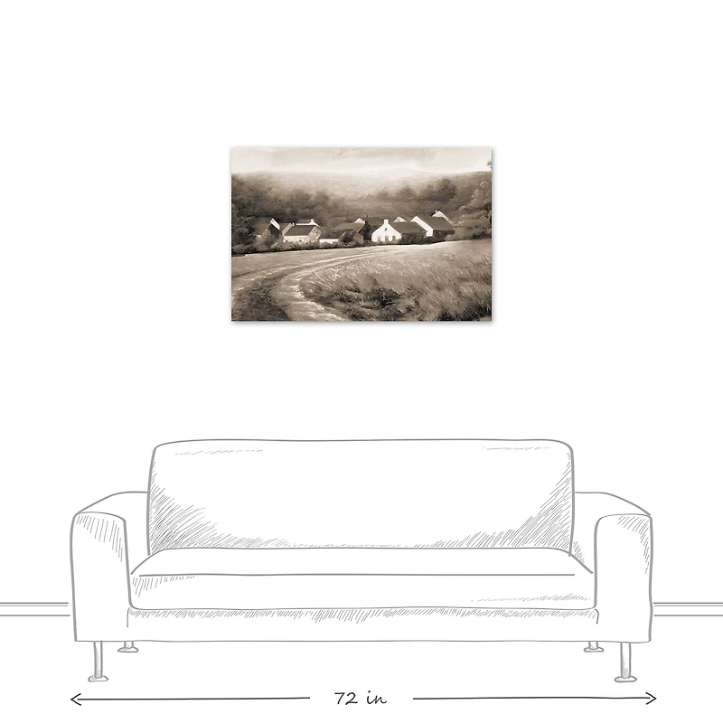 Sepia Town And Field 36" x 24" Canvas Wall Art
