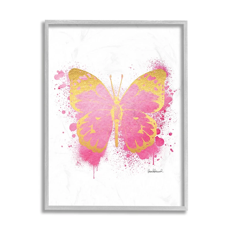 Stupell Industries Hot Pink Pop Butterfly Glam Paint Splatter in Gray Frame Wall Art