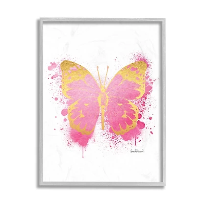 Stupell Industries Hot Pink Pop Butterfly Glam Paint Splatter in Gray Frame Wall Art
