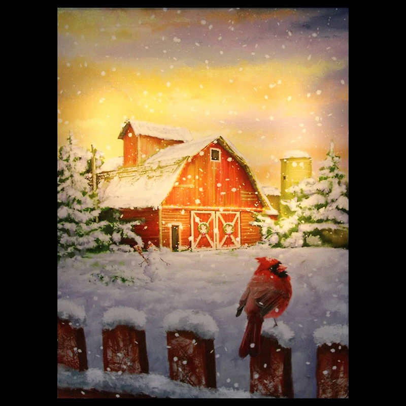 LED Back Lit Snowy Sunset Barn Scene Christmas Wall Art