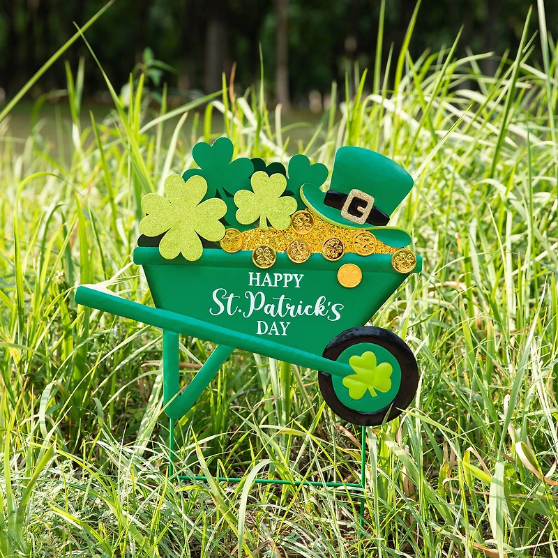Glitzhome® 24" St. Patrick's Metal Shamrocks Wagon Yard Stake