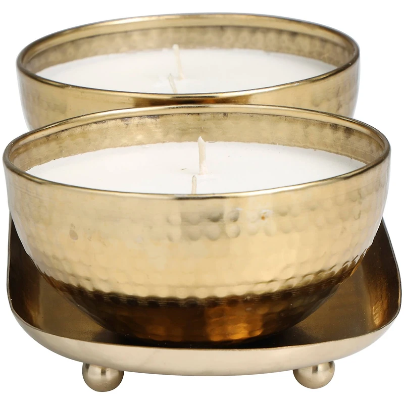 White Wax Egyptian Mint Scented Candle Set with Gold Hammered Containers and Oval Holding Tray