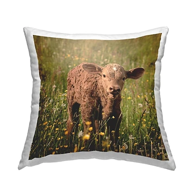 Stupell Industries Baby Calf Cow Farm Flower Meadow Throw Pillow, 18" x 18"