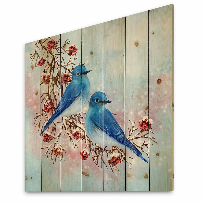 Designart - Two Blue Birds Sitting On A Branch With Berries