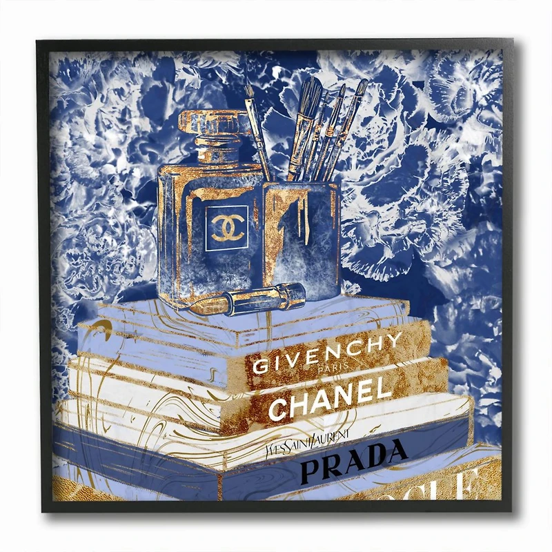 Stupell Industries Fashion Book Pile Glam Designer Accessories Blue Gold Framed Wall Art