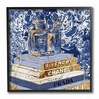 Stupell Industries Fashion Book Pile Glam Designer Accessories Blue Gold Framed Wall Art